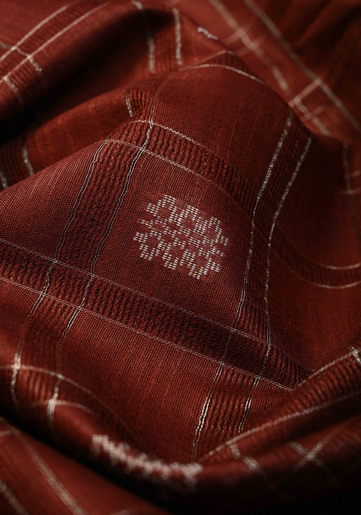 Coffee Brown Borderless Semi Tussar Saree with Zari Checks and Zari Buttas | SHOBITAM