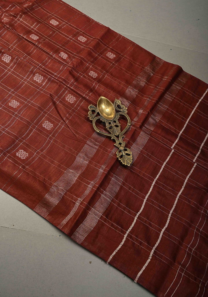 Coffee Brown Borderless Semi Tussar Saree with Zari Checks and Zari Buttas | SHOBITAM