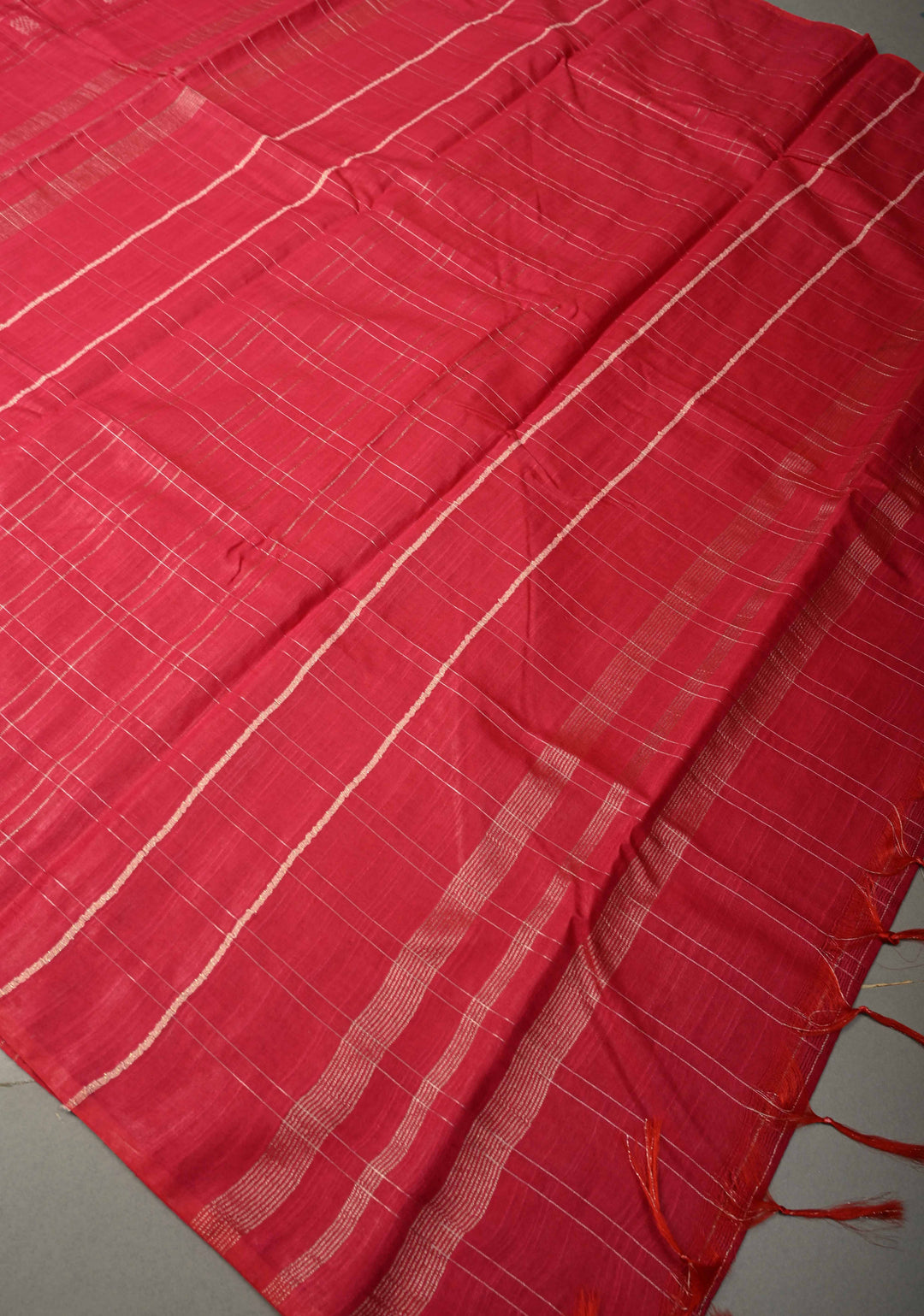 Raspberry Pink Borderless Semi Tussar Saree with Zari Checks and Zari Buttas | SHOBITAM