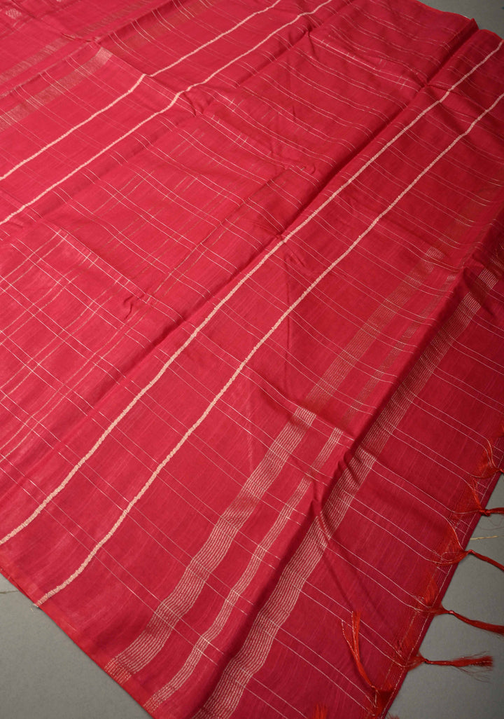 Raspberry Pink Borderless Semi Tussar Saree with Zari Checks and Zari Buttas | SHOBITAM