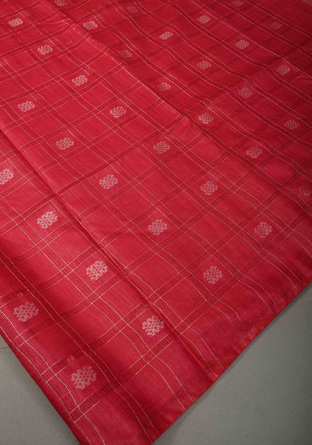 Raspberry Pink Borderless Semi Tussar Saree with Zari Checks and Zari Buttas | SHOBITAM