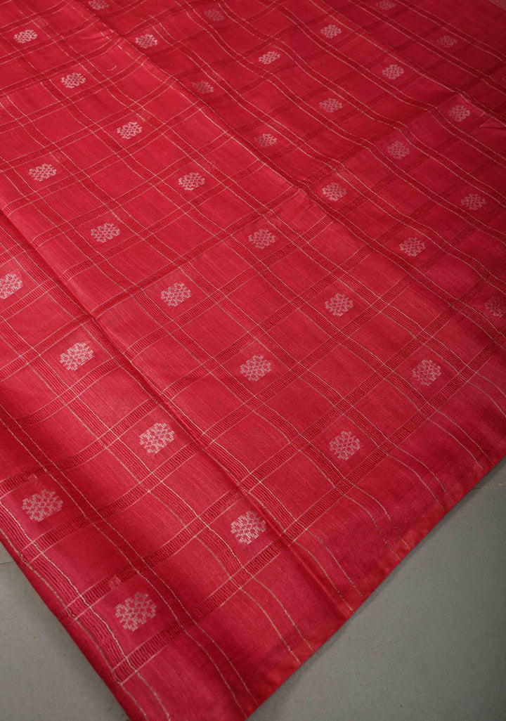 Raspberry Pink Borderless Semi Tussar Saree with Zari Checks and Zari Buttas | SHOBITAM