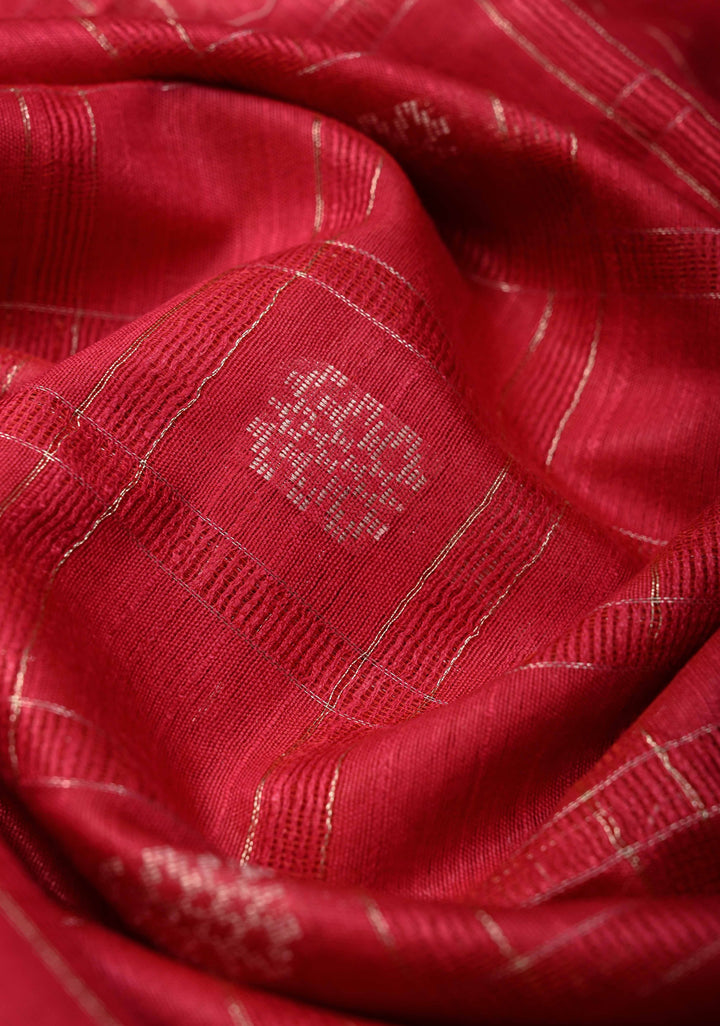 Raspberry Pink Borderless Semi Tussar Saree with Zari Checks and Zari Buttas | SHOBITAM