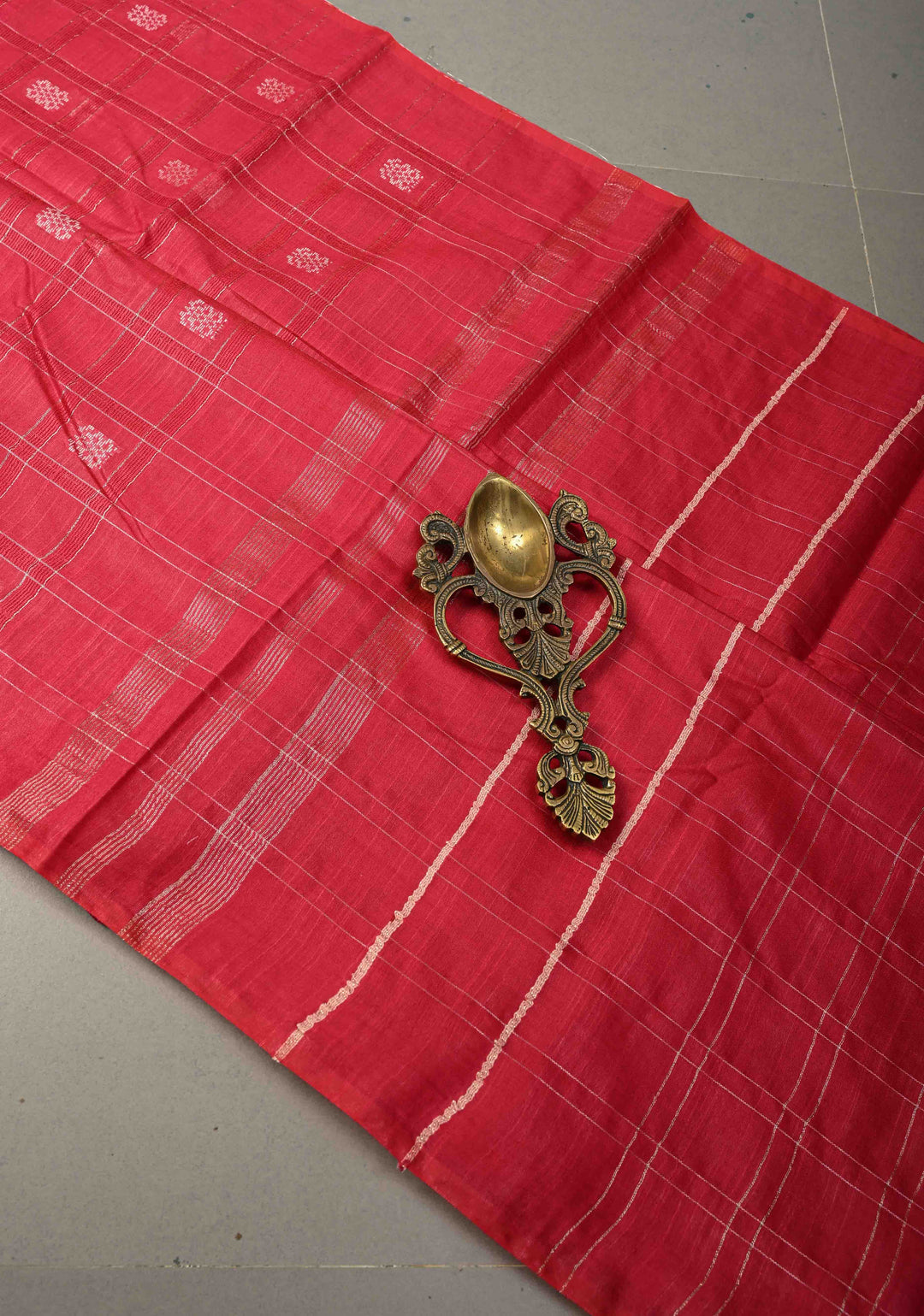 Raspberry Pink Borderless Semi Tussar Saree with Zari Checks and Zari Buttas | SHOBITAM