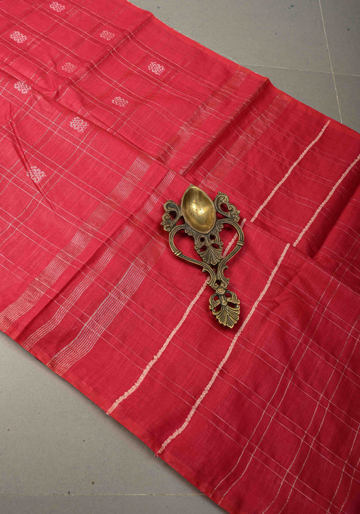 Raspberry Pink Borderless Semi Tussar Saree with Zari Checks and Zari Buttas | SHOBITAM