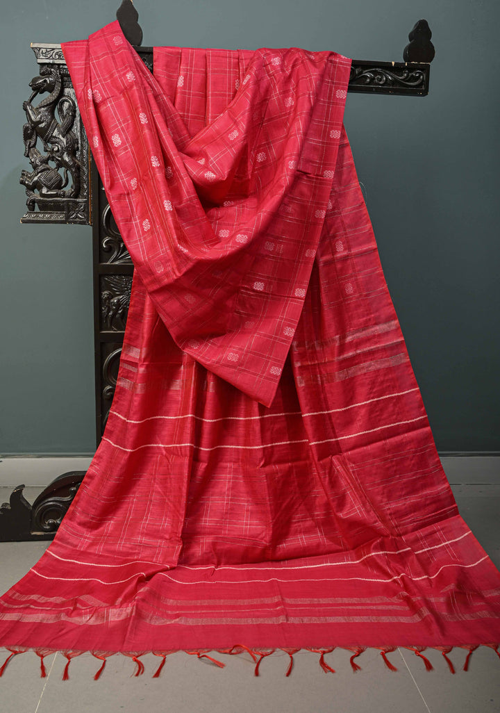 Raspberry Pink Borderless Semi Tussar Saree with Zari Checks and Zari Buttas | SHOBITAM
