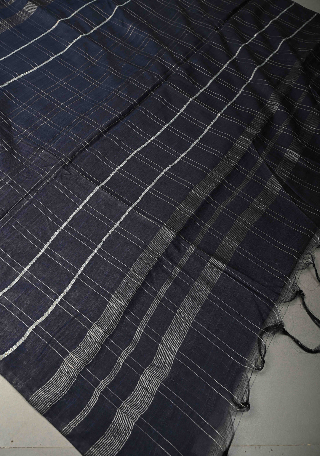 Midnight Blue Borderless Semi Tussar Saree with Zari Buttas and Zari Checks | SHOBITAM