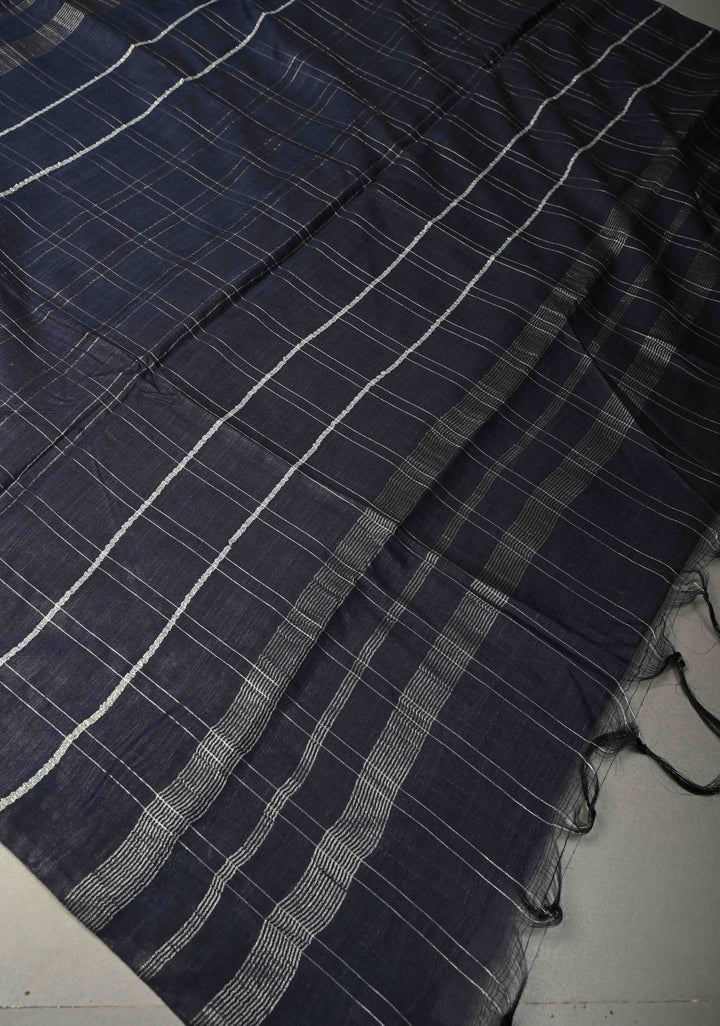 Midnight Blue Borderless Semi Tussar Saree with Zari Buttas and Zari Checks | SHOBITAM