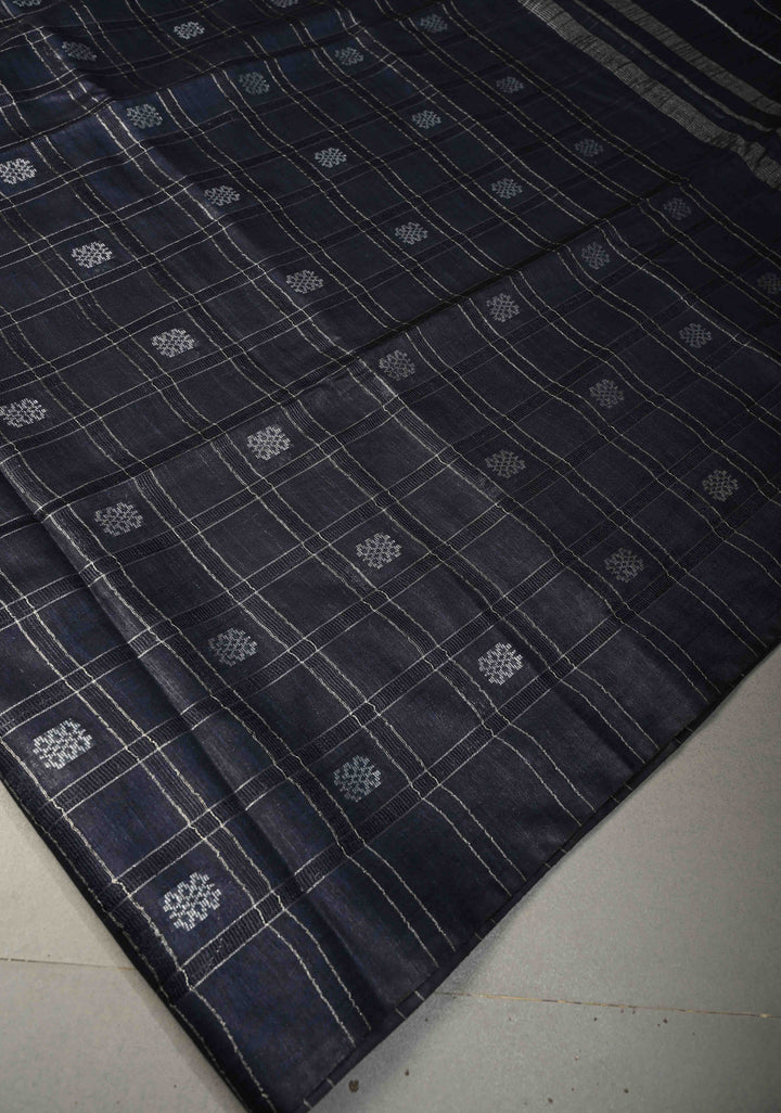 Midnight Blue Borderless Semi Tussar Saree with Zari Buttas and Zari Checks | SHOBITAM
