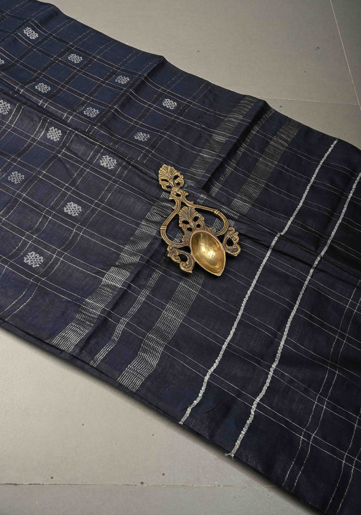 Midnight Blue Borderless Semi Tussar Saree with Zari Buttas and Zari Checks | SHOBITAM