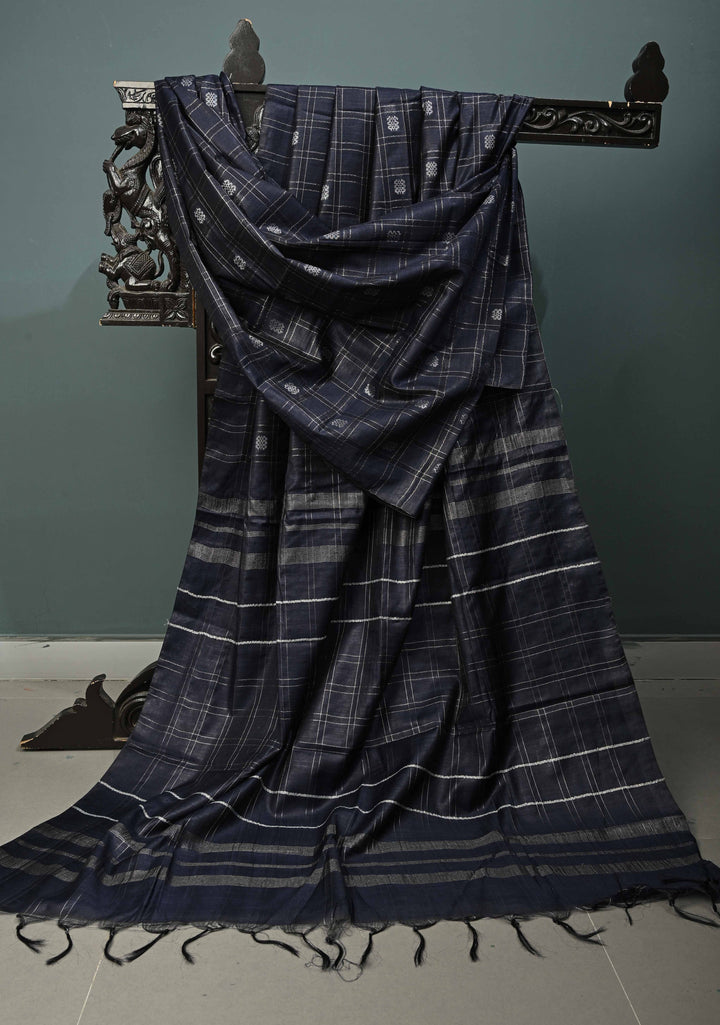 Midnight Blue Borderless Semi Tussar Saree with Zari Buttas and Zari Checks | SHOBITAM