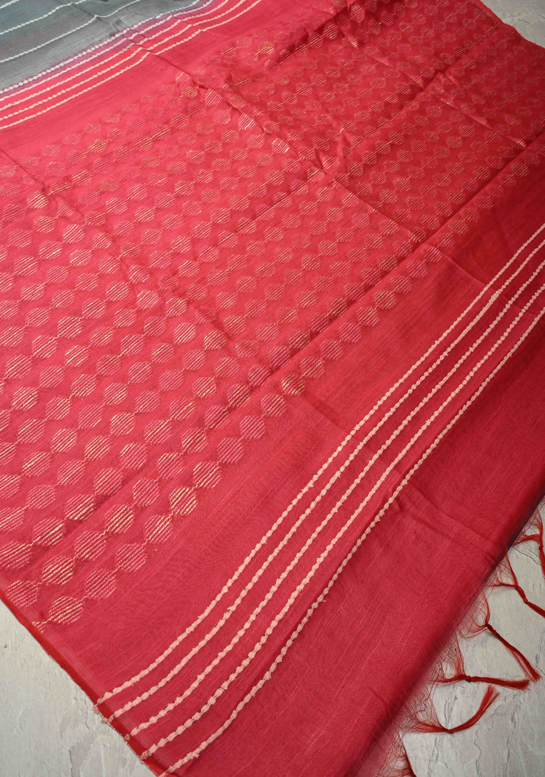 Slate Gray Borderless Semi Tussar Saree with Thread Horizontal Stripes and Contrast Pallu | SHOBITAM