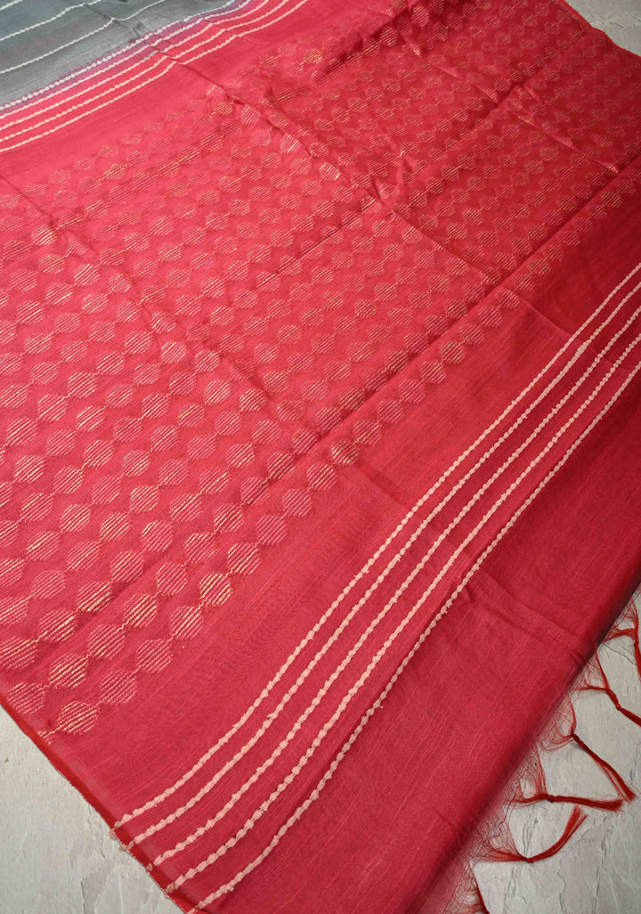 Slate Gray Borderless Semi Tussar Saree with Thread Horizontal Stripes and Contrast Pallu | SHOBITAM