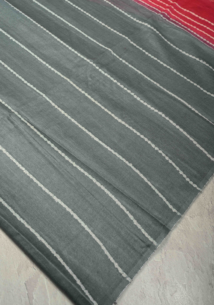 Slate Gray Borderless Semi Tussar Saree with Thread Horizontal Stripes and Contrast Pallu | SHOBITAM
