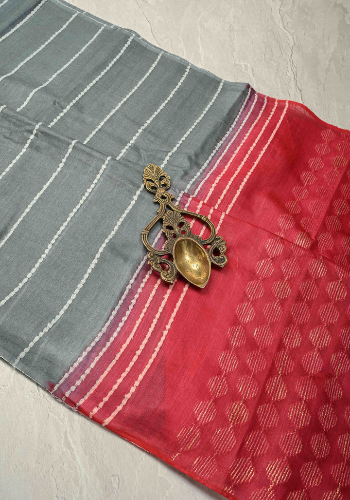 Slate Gray Borderless Semi Tussar Saree with Thread Horizontal Stripes and Contrast Pallu | SHOBITAM