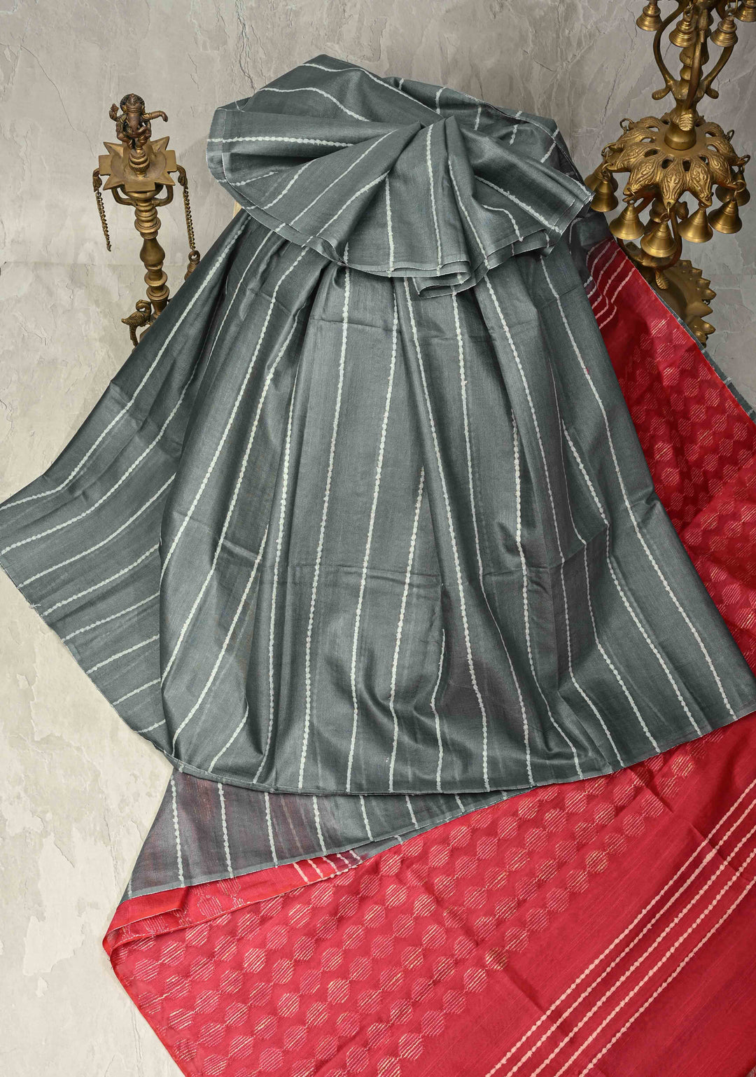 Slate Gray Borderless Semi Tussar Saree with Thread Horizontal Stripes and Contrast Pallu | SHOBITAM