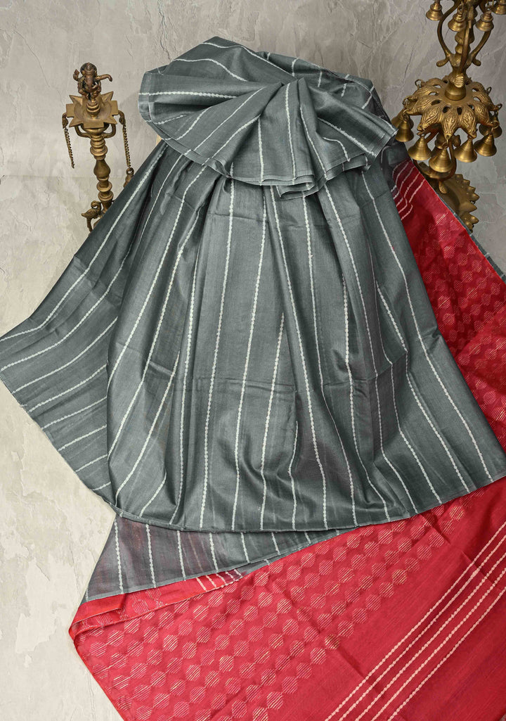 Slate Gray Borderless Semi Tussar Saree with Thread Horizontal Stripes and Contrast Pallu | SHOBITAM
