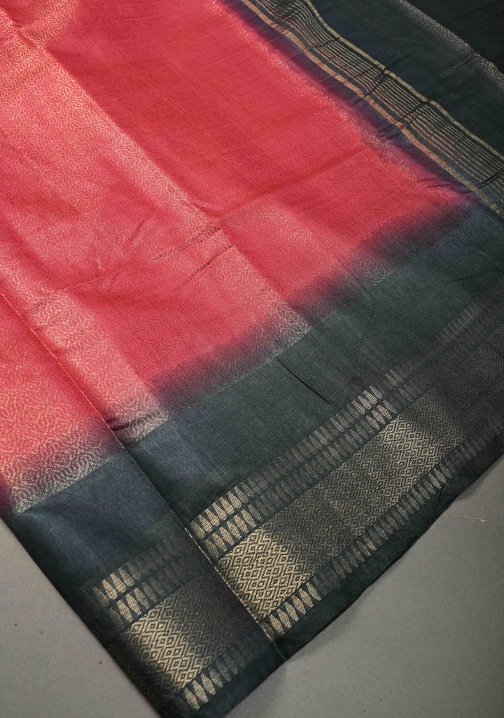 Raspberry Pink Semi Tussar Tissue Saree with Contrast Zari Border and Pallu | SHOBITAM