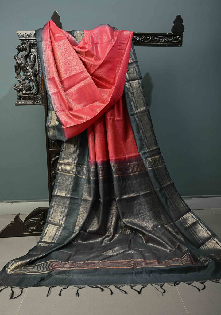 Raspberry Pink Semi Tussar Tissue Saree with Contrast Zari Border and Pallu | SHOBITAM