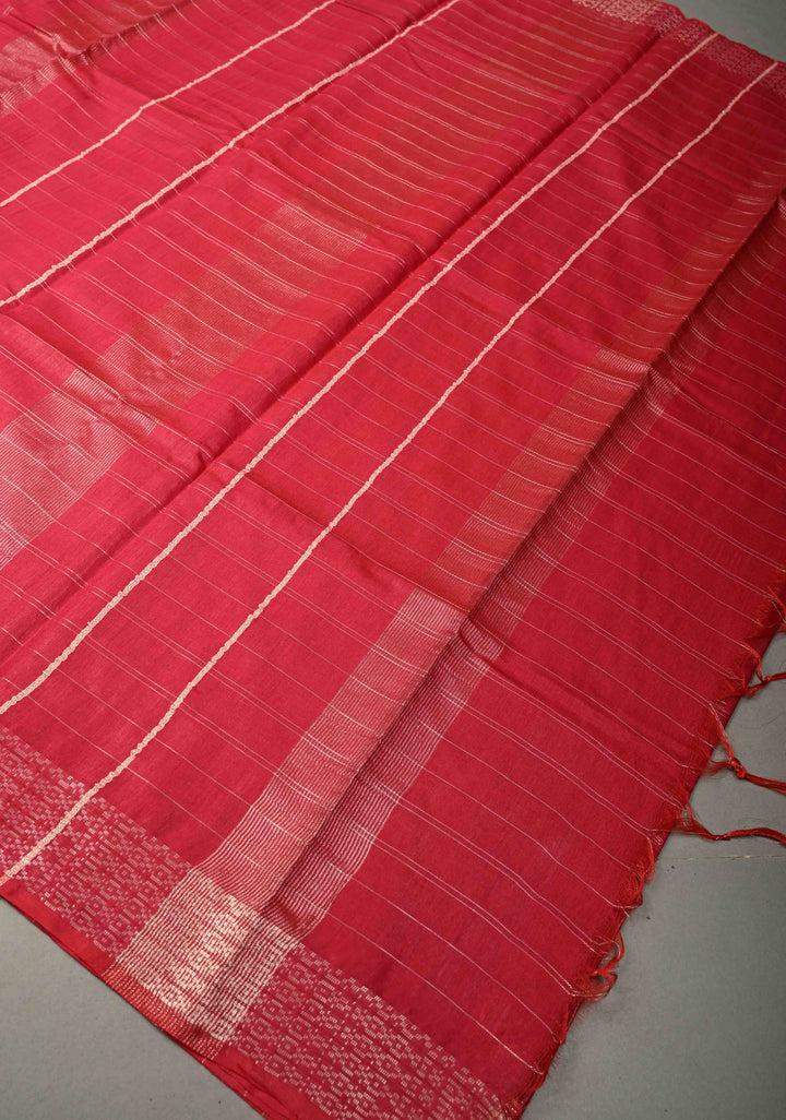 Raspberry Pink Zari Checks on Semi Tussar Saree with Zari Buttas and Zari Border | SHOBITAM