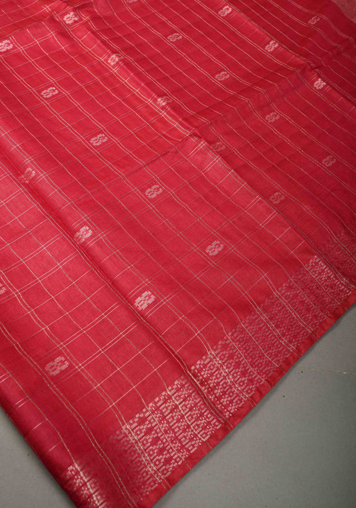 Raspberry Pink Zari Checks on Semi Tussar Saree with Zari Buttas and Zari Border | SHOBITAM