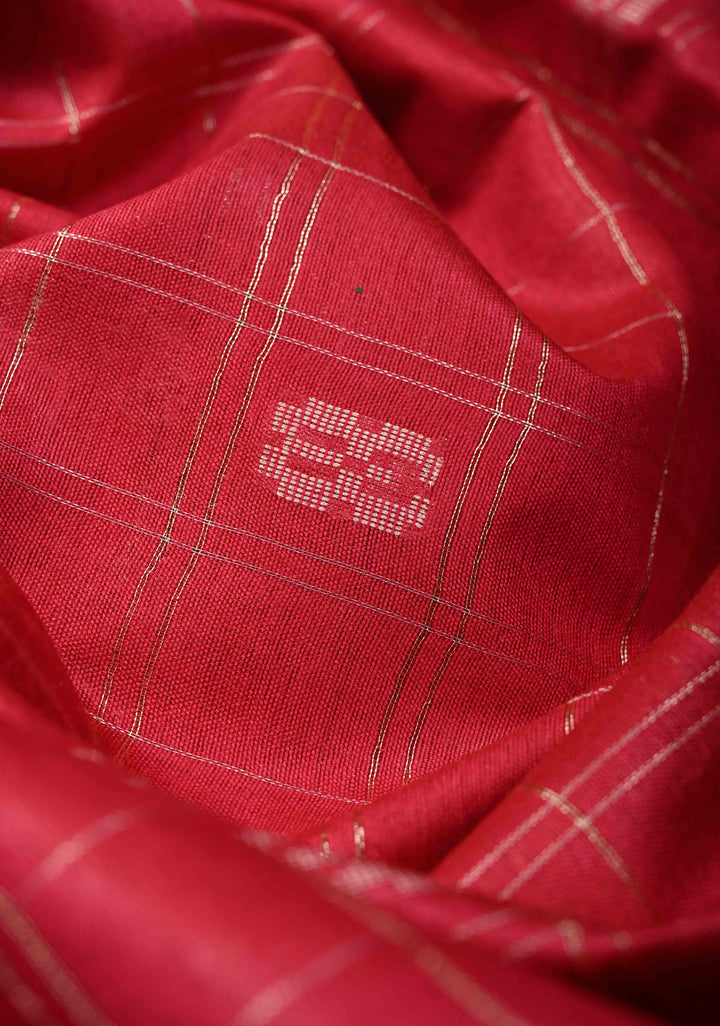 Raspberry Pink Zari Checks on Semi Tussar Saree with Zari Buttas and Zari Border | SHOBITAM