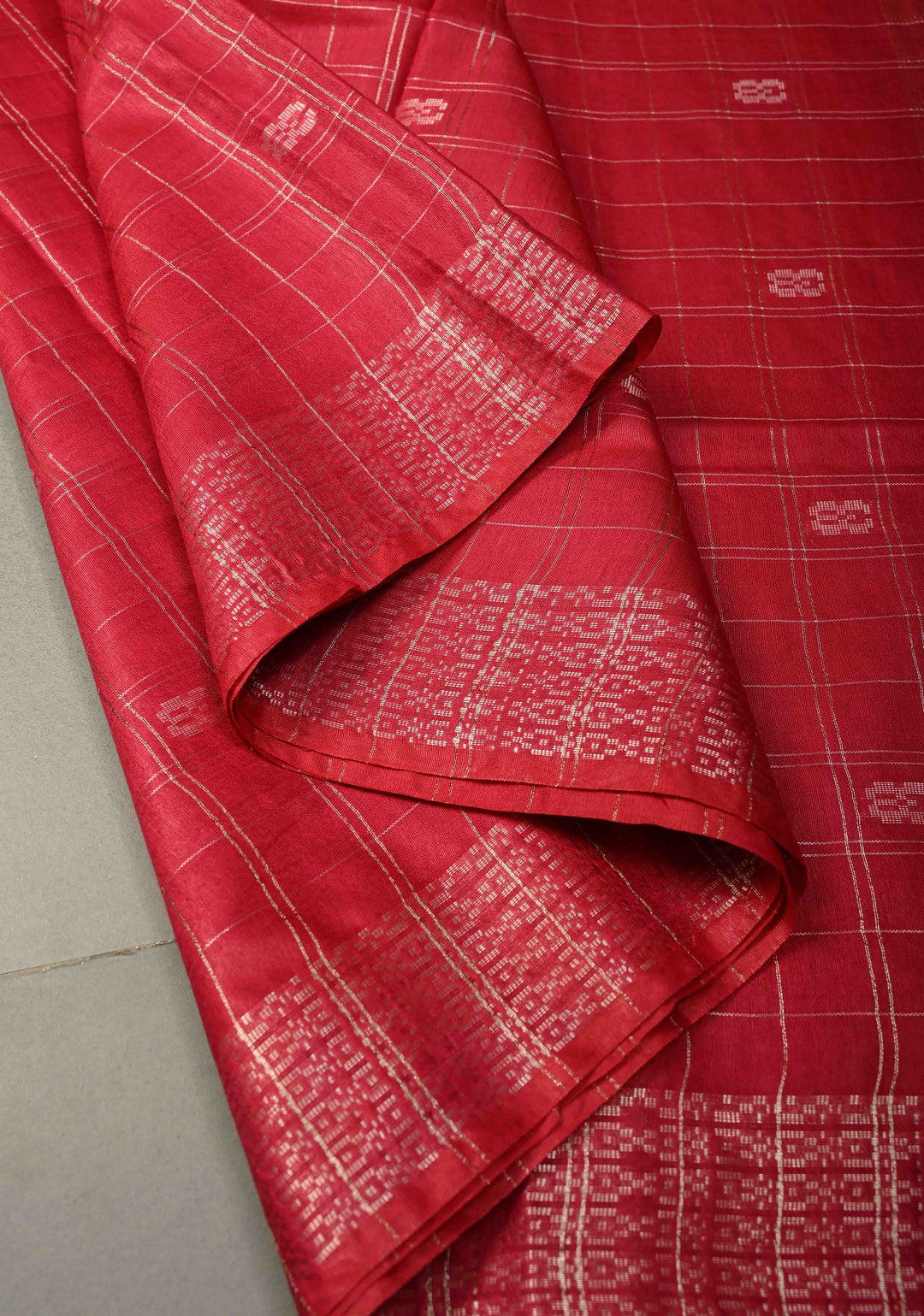 Raspberry Pink Zari Checks on Semi Tussar Saree with Zari Buttas and Zari Border | SHOBITAM