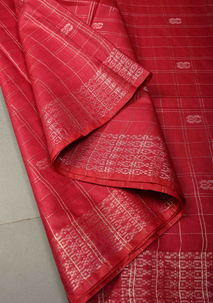 Raspberry Pink Zari Checks on Semi Tussar Saree with Zari Buttas and Zari Border | SHOBITAM