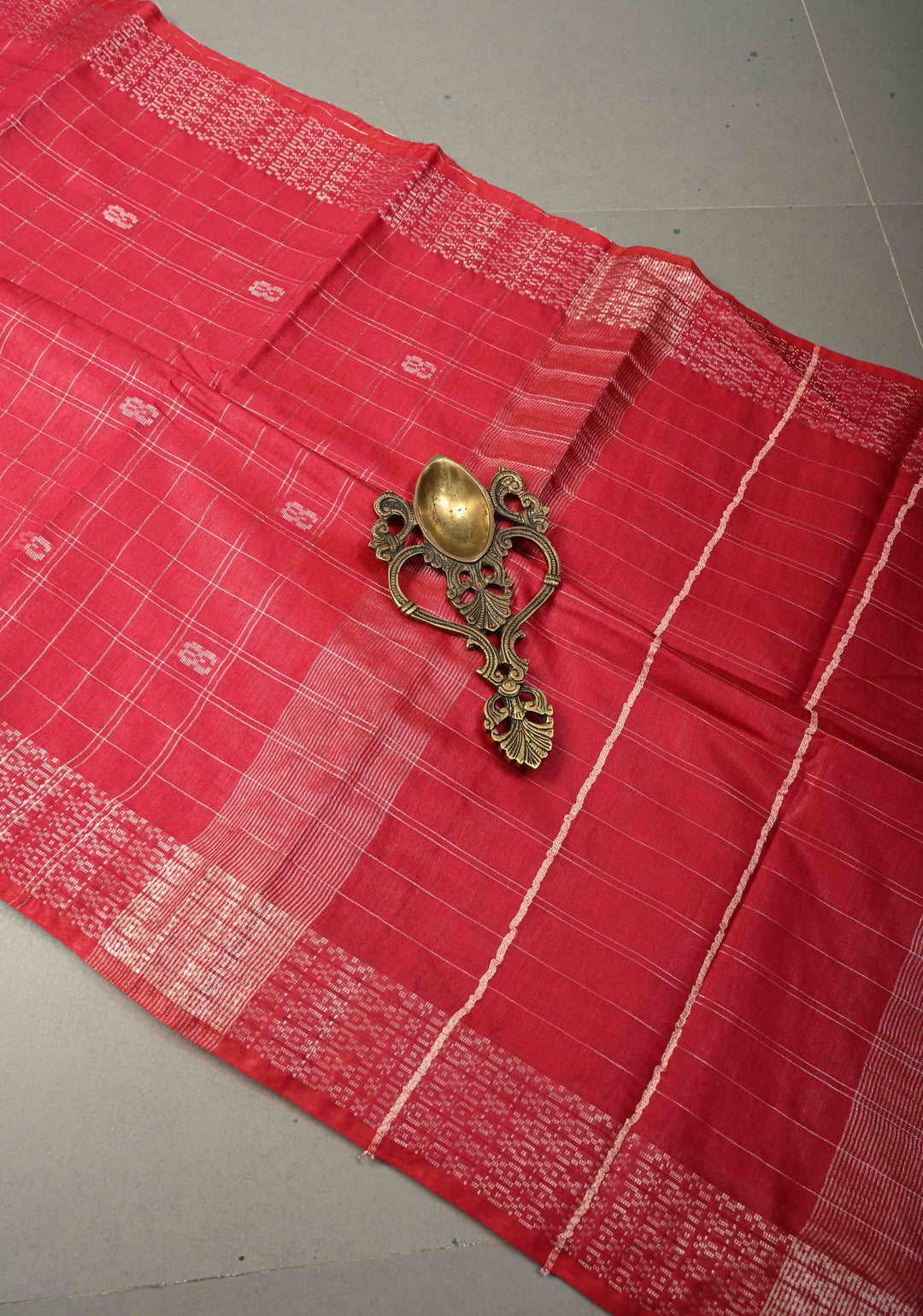 Raspberry Pink Zari Checks on Semi Tussar Saree with Zari Buttas and Zari Border | SHOBITAM