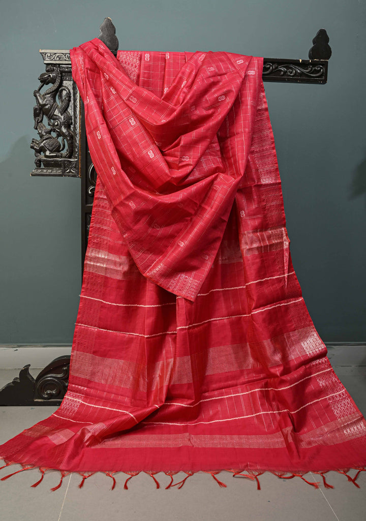 Raspberry Pink Zari Checks on Semi Tussar Saree with Zari Buttas and Zari Border | SHOBITAM
