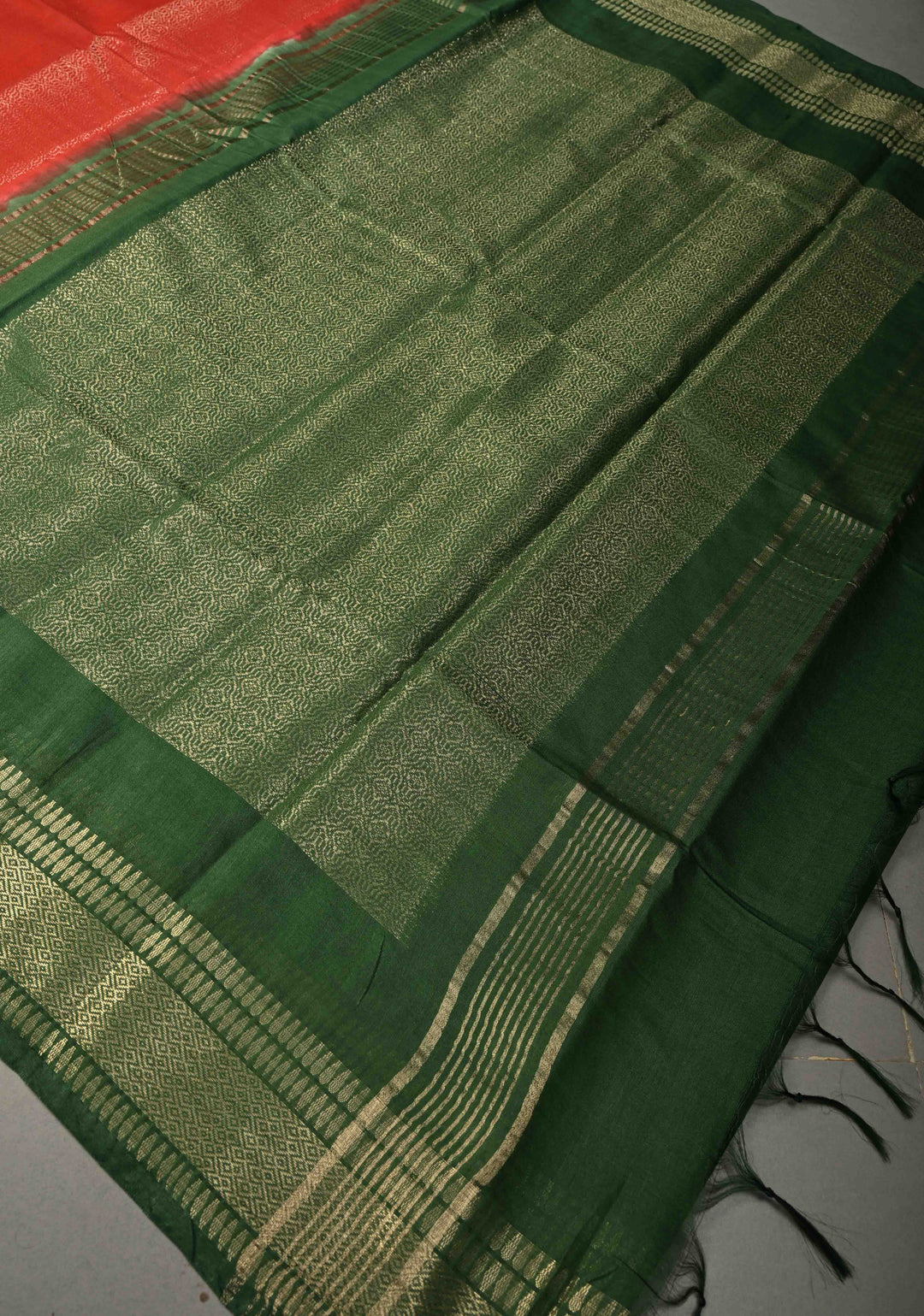 Scarlet Red Semi Tussar Tissue Saree with Contrast Zari Border and Pallu | SHOBITAM