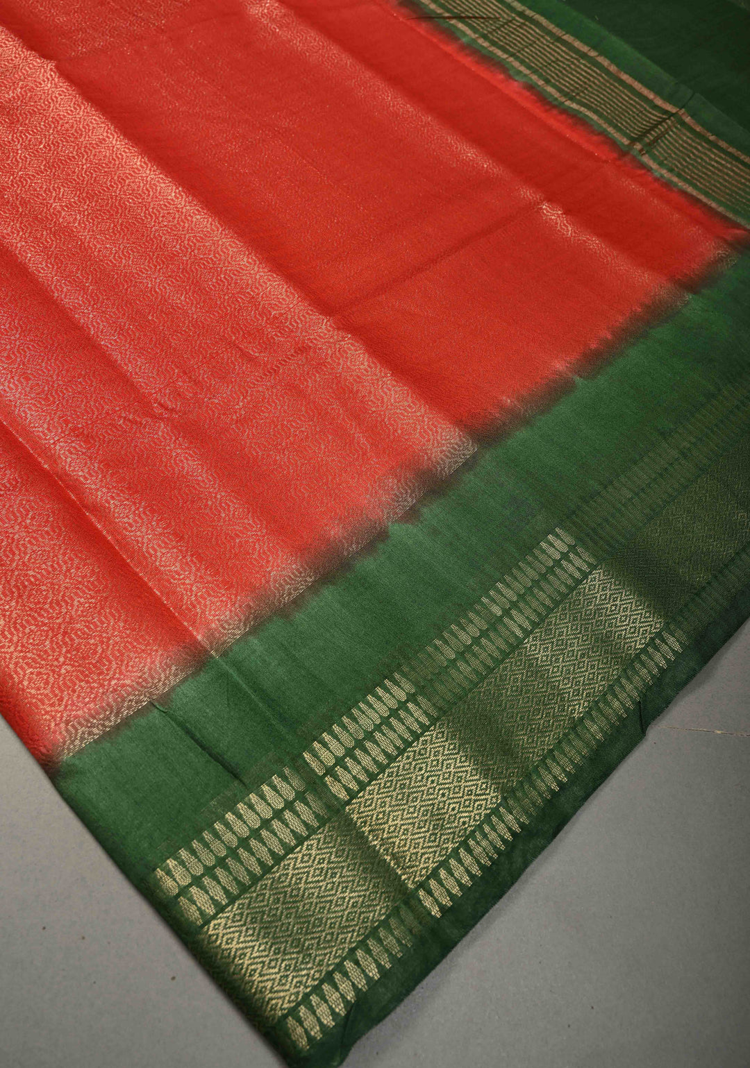 Scarlet Red Semi Tussar Tissue Saree with Contrast Zari Border and Pallu | SHOBITAM
