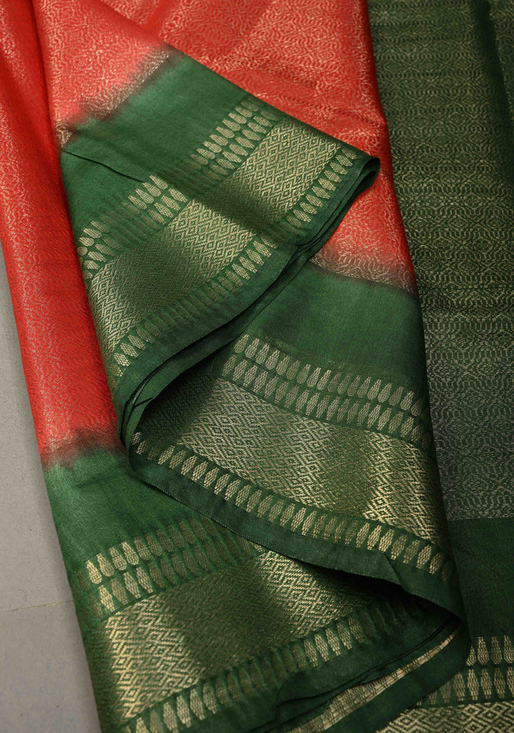 Scarlet Red Semi Tussar Tissue Saree with Contrast Zari Border and Pallu | SHOBITAM