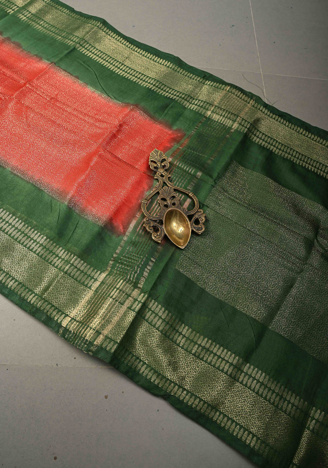 Scarlet Red Semi Tussar Tissue Saree with Contrast Zari Border and Pallu | SHOBITAM