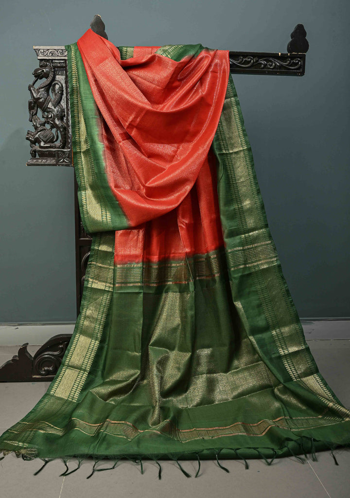 Scarlet Red Semi Tussar Tissue Saree with Contrast Zari Border and Pallu | SHOBITAM