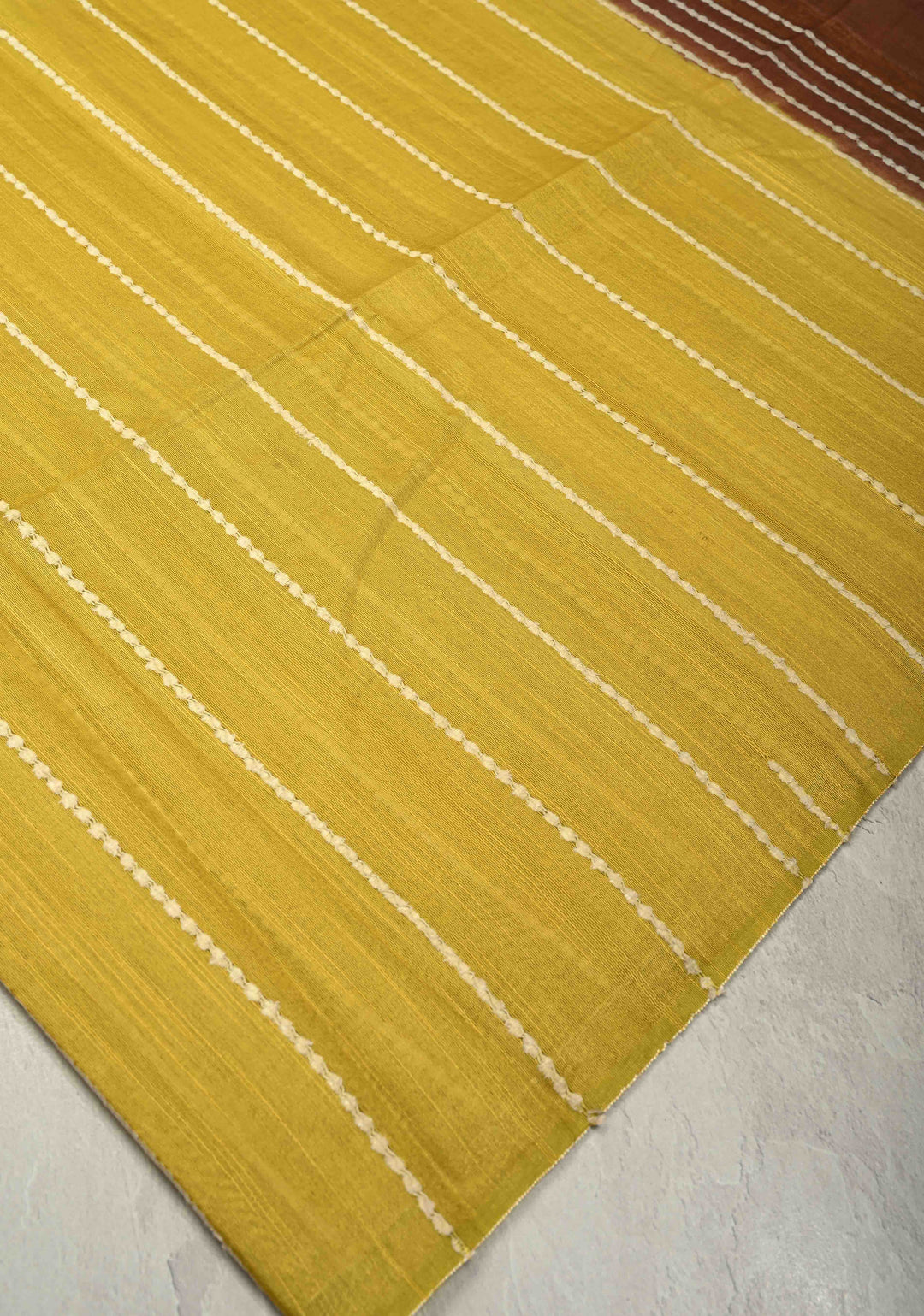 Mustard Yellow Borderless Semi Tussar Saree with Thread Horizontal Stripes and Contrast Pallu | SHOBITAM