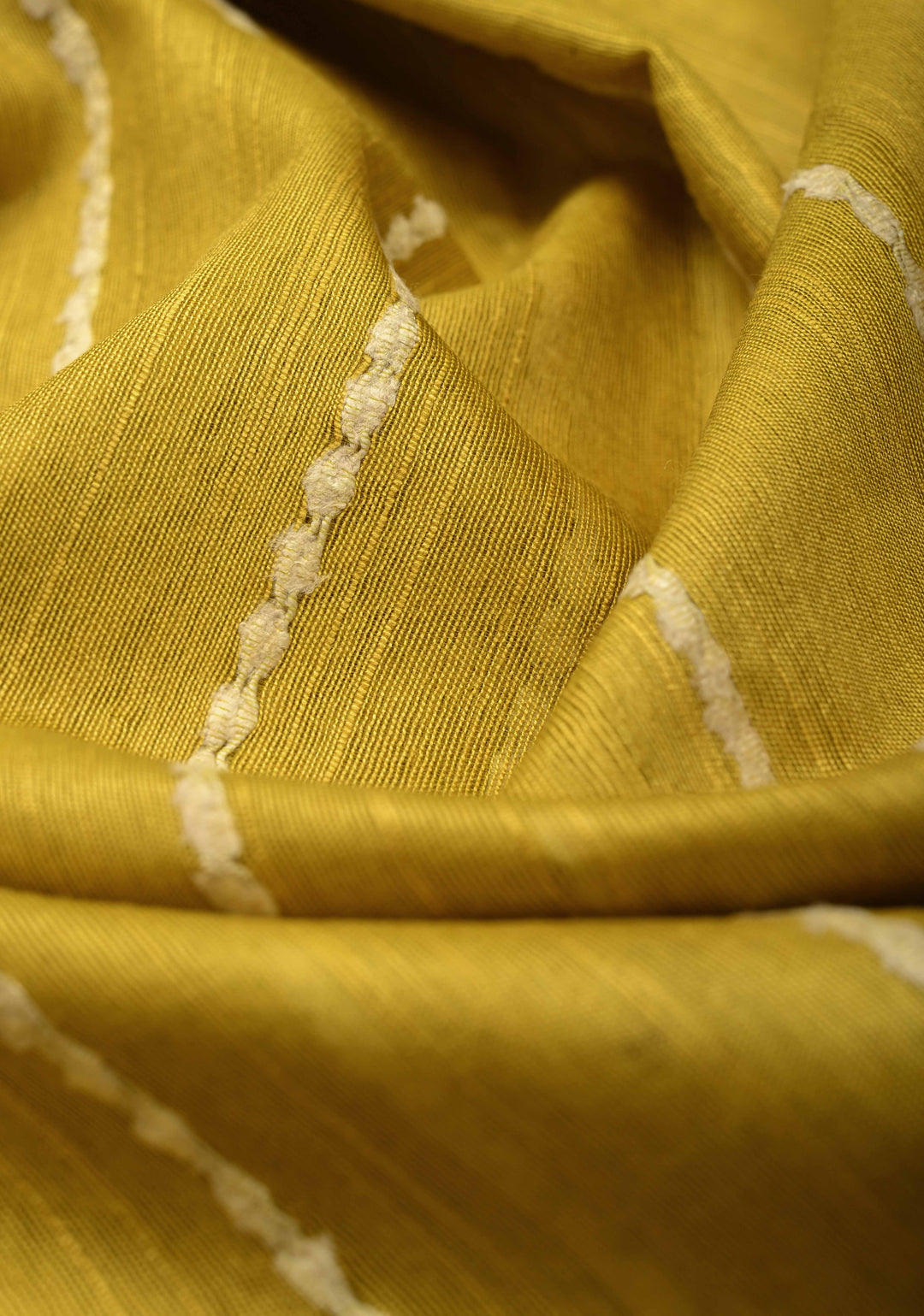 Mustard Yellow Borderless Semi Tussar Saree with Thread Horizontal Stripes and Contrast Pallu | SHOBITAM