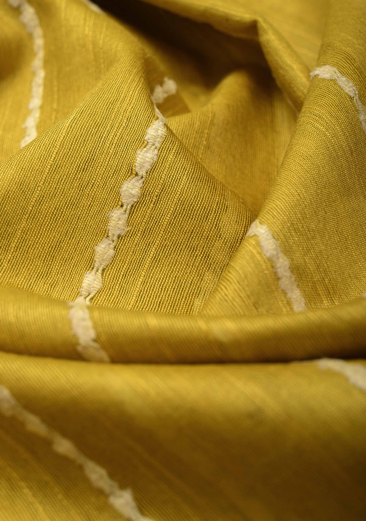 Mustard Yellow Borderless Semi Tussar Saree with Thread Horizontal Stripes and Contrast Pallu | SHOBITAM