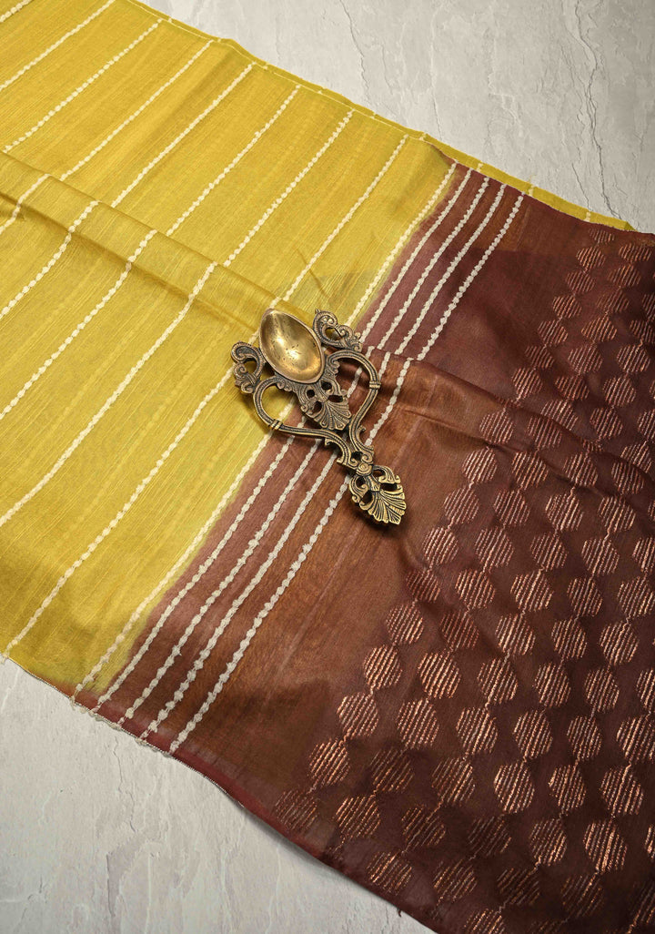 Mustard Yellow Borderless Semi Tussar Saree with Thread Horizontal Stripes and Contrast Pallu | SHOBITAM