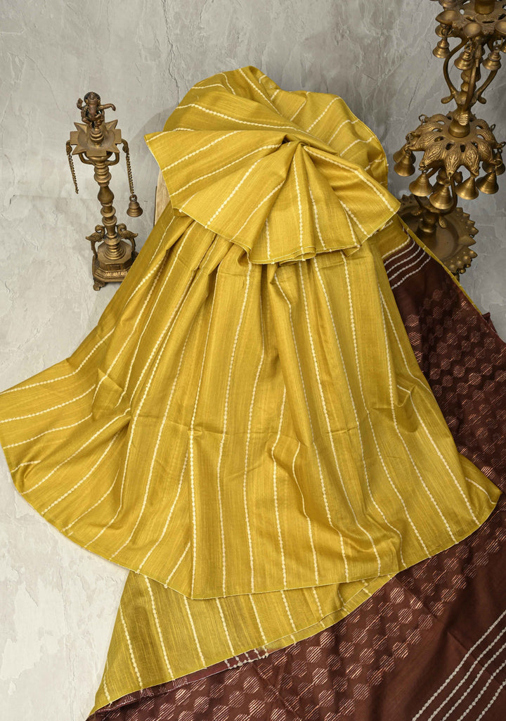 Mustard Yellow Borderless Semi Tussar Saree with Thread Horizontal Stripes and Contrast Pallu | SHOBITAM