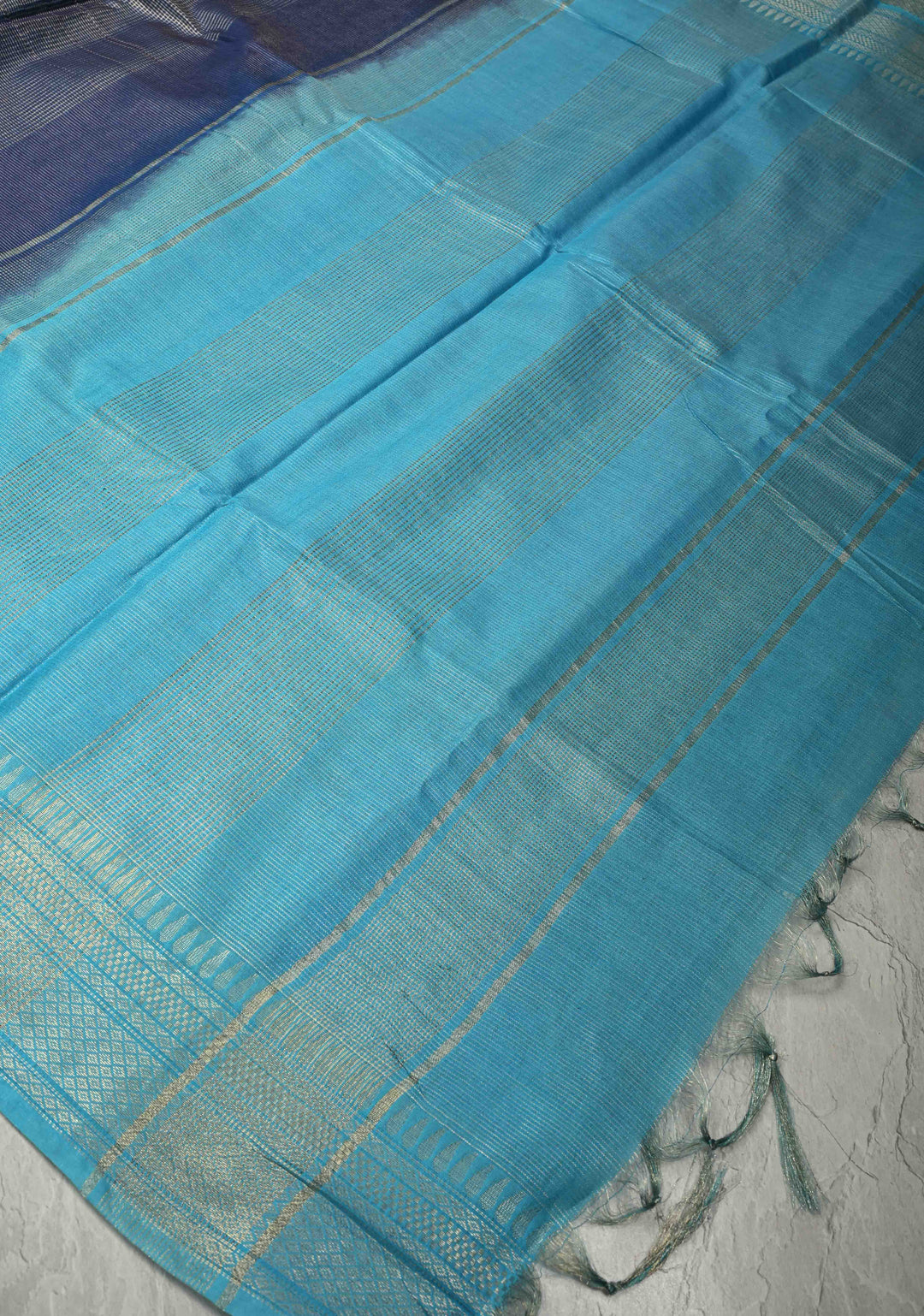 Ink Blue Semi Tussar Tissue Saree with Contrast Zari Border and Pallu | SHOBITAM