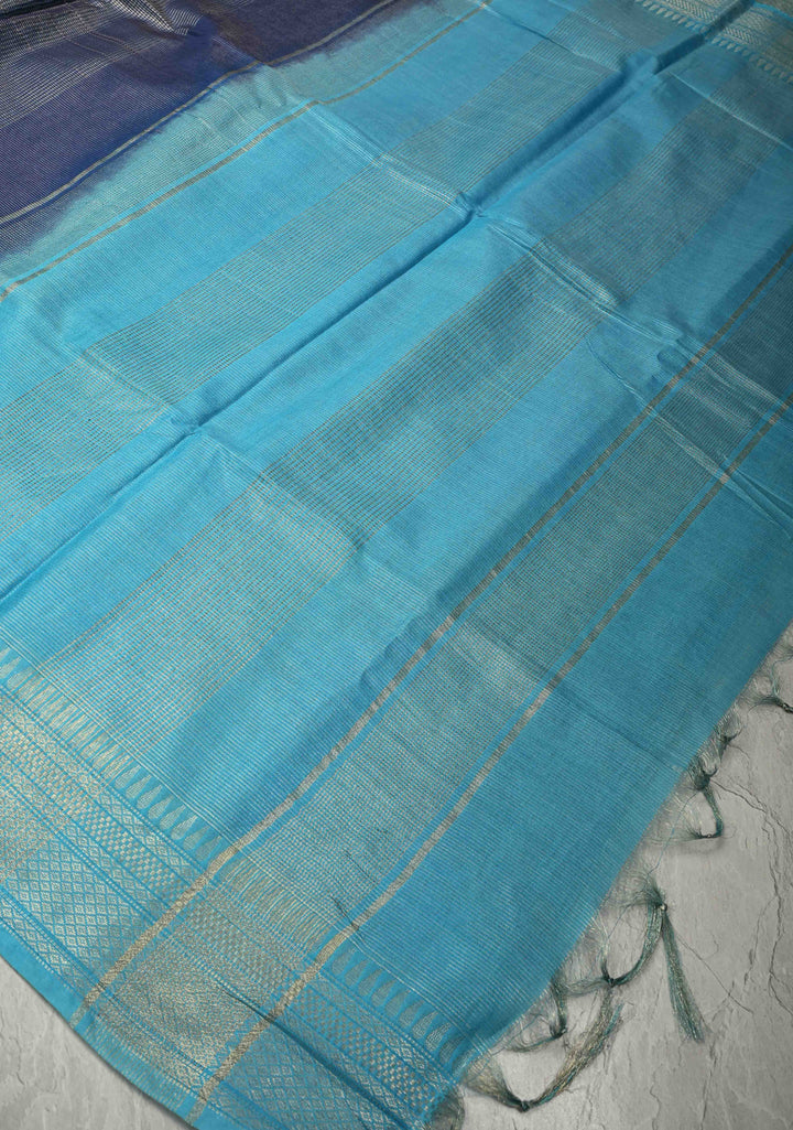 Ink Blue Semi Tussar Tissue Saree with Contrast Zari Border and Pallu | SHOBITAM