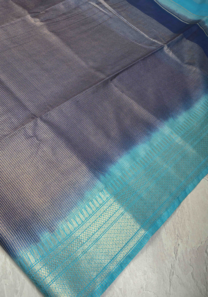Ink Blue Semi Tussar Tissue Saree with Contrast Zari Border and Pallu | SHOBITAM