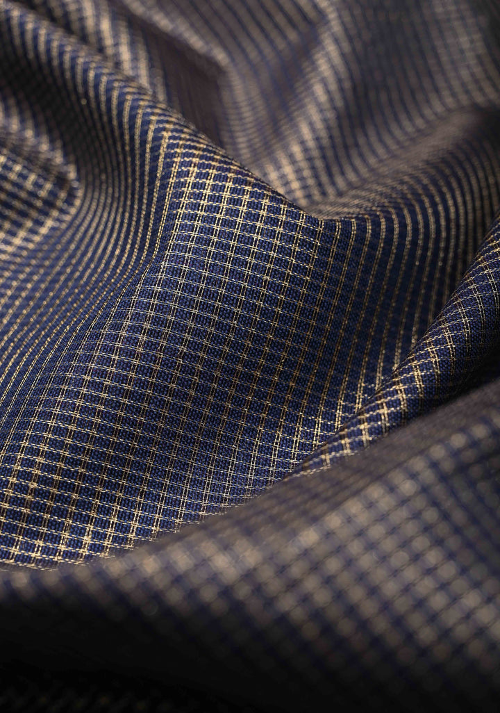 Ink Blue Semi Tussar Tissue Saree with Contrast Zari Border and Pallu | SHOBITAM