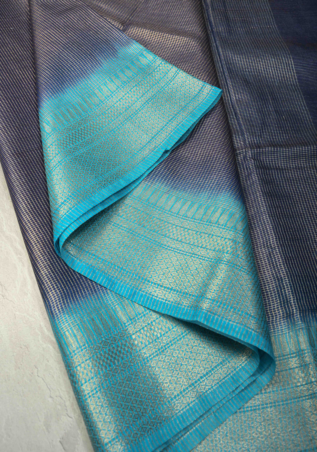 Ink Blue Semi Tussar Tissue Saree with Contrast Zari Border and Pallu | SHOBITAM