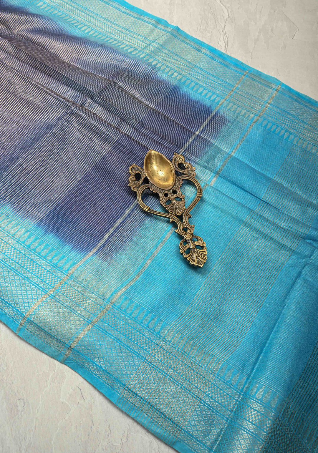 Ink Blue Semi Tussar Tissue Saree with Contrast Zari Border and Pallu | SHOBITAM