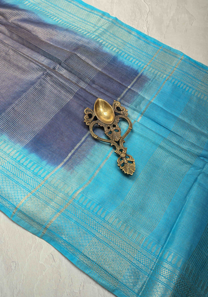 Ink Blue Semi Tussar Tissue Saree with Contrast Zari Border and Pallu | SHOBITAM
