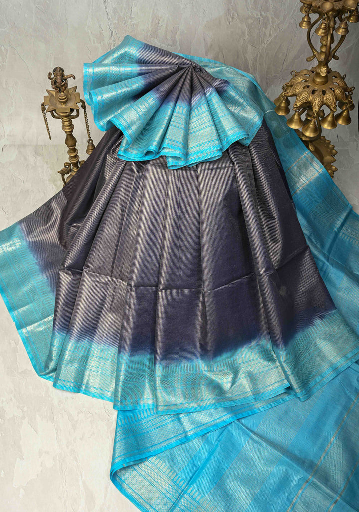 Ink Blue Semi Tussar Tissue Saree with Contrast Zari Border and Pallu | SHOBITAM