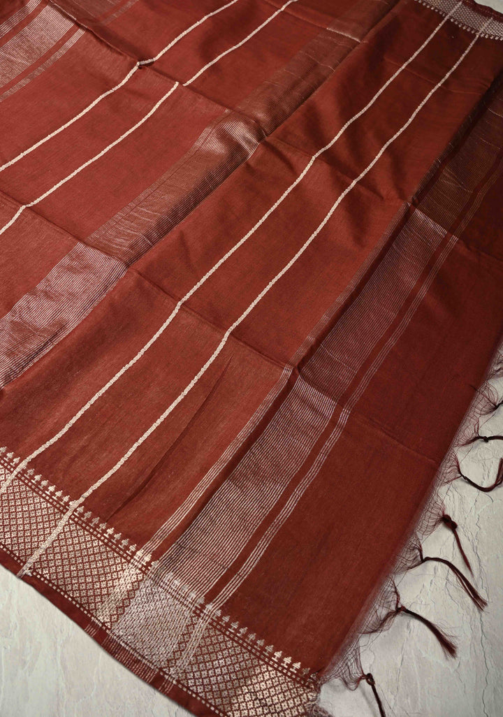 Brick Brown Semi Tussar Saree with Thread Buttas and Silver Zari Border | SHOBITAM