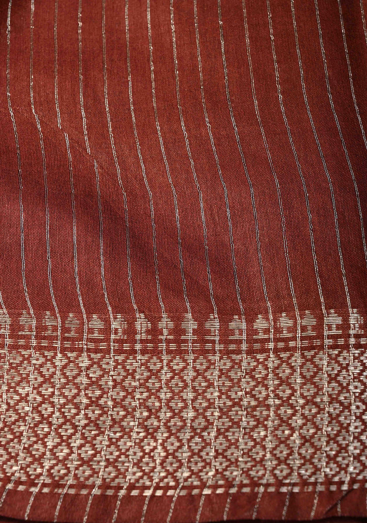 Brick Brown Semi Tussar Saree with Thread Buttas and Silver Zari Border | SHOBITAM